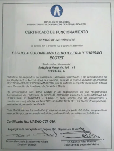 Certificado de funcionamiento UAEAC-CCI-030 de la Aerocivil para ECOTET, expedido en Bogotá el 19 de septiembre de 2007