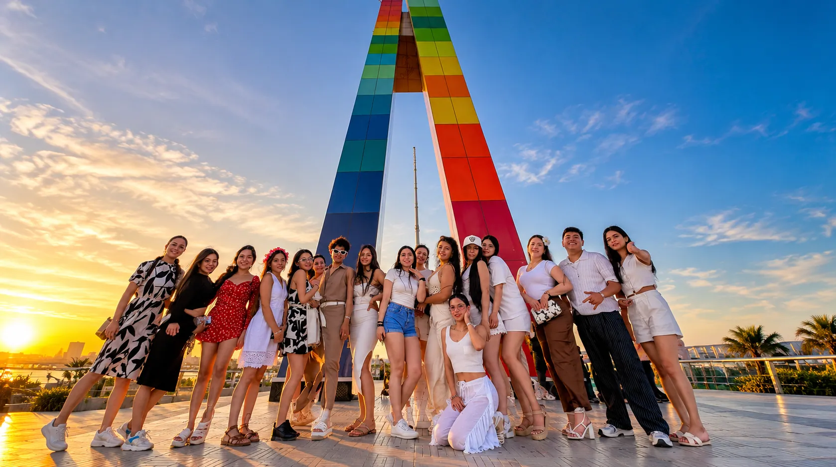 Estudiantes de ECOTET en Barranquilla al atardecer durante la experiencia en vuelo