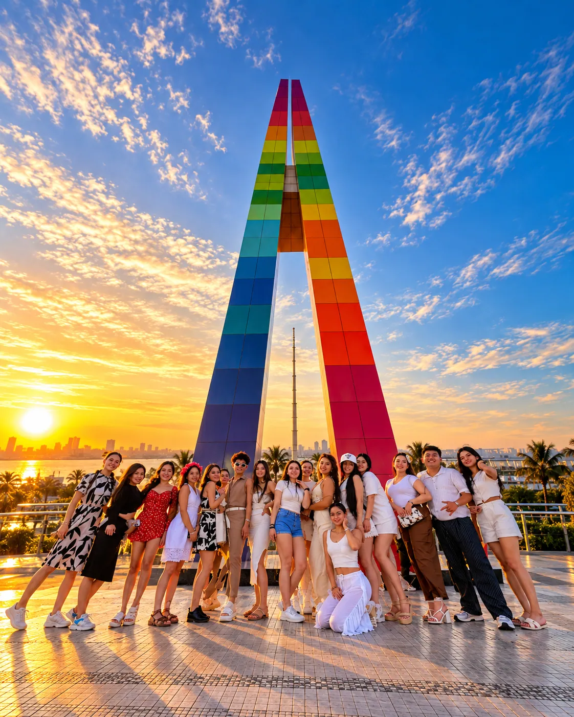 Estudiantes de ECOTET frente al monumento Ventana al Mundo en Barranquilla al atardecer