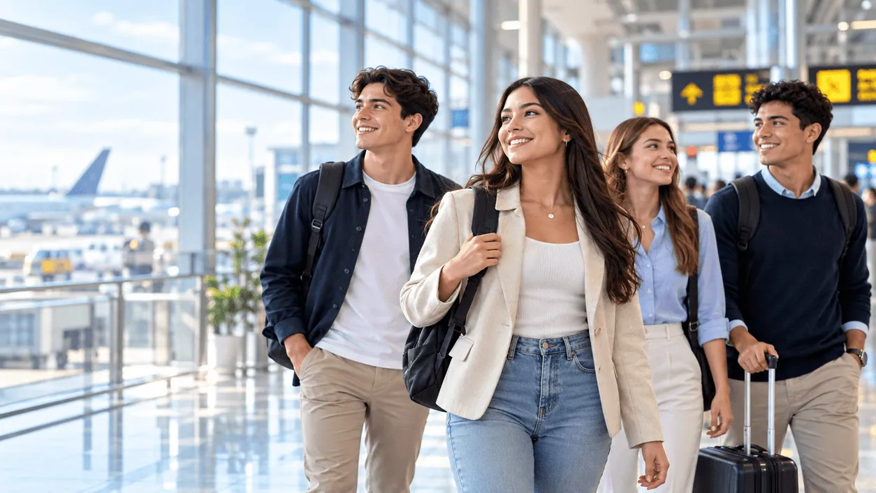 Jóvenes que estudian aviación caminando por un aeropuerto, listos para empezar su formación como tripulantes de cabina